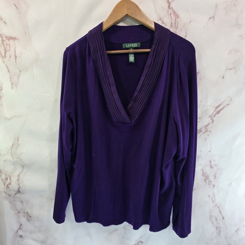 LRL Ralph Lauren Shirt Womens 3X Purple V Neck Long Sleeve Pleated Tee T